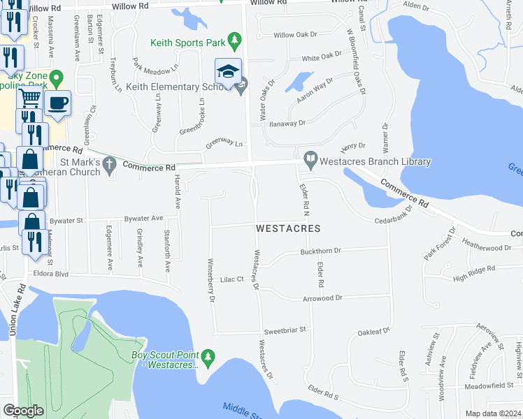 map of restaurants, bars, coffee shops, grocery stores, and more near 3185 Westacres Drive in West Bloomfield Township