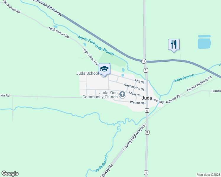 map of restaurants, bars, coffee shops, grocery stores, and more near W3003 Main Street in Juda