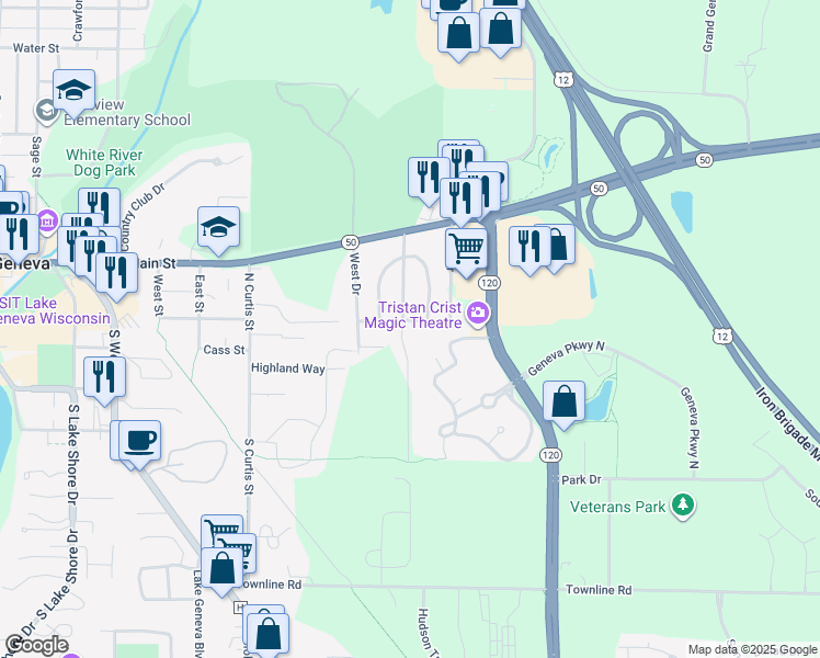 map of restaurants, bars, coffee shops, grocery stores, and more near 7271 Lawton Avenue in Lake Geneva