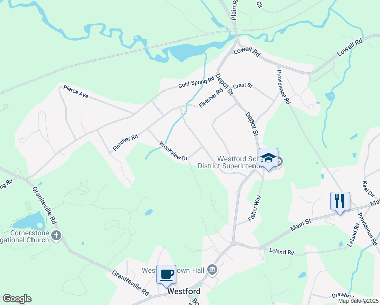 map of restaurants, bars, coffee shops, grocery stores, and more near 3 Brookview Drive in Westford