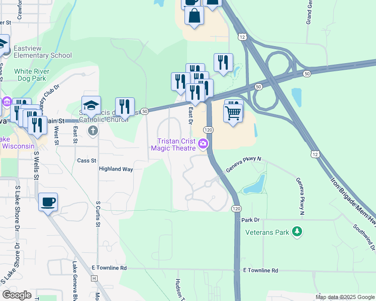 map of restaurants, bars, coffee shops, grocery stores, and more near 7243 Lawton Avenue in Lake Geneva