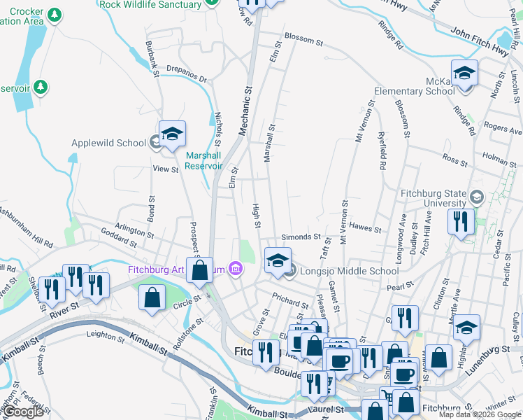 map of restaurants, bars, coffee shops, grocery stores, and more near 115 High Street in Fitchburg
