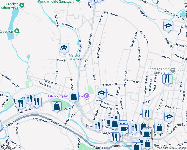 map of restaurants, bars, coffee shops, grocery stores, and more near 115 High Street in Fitchburg
