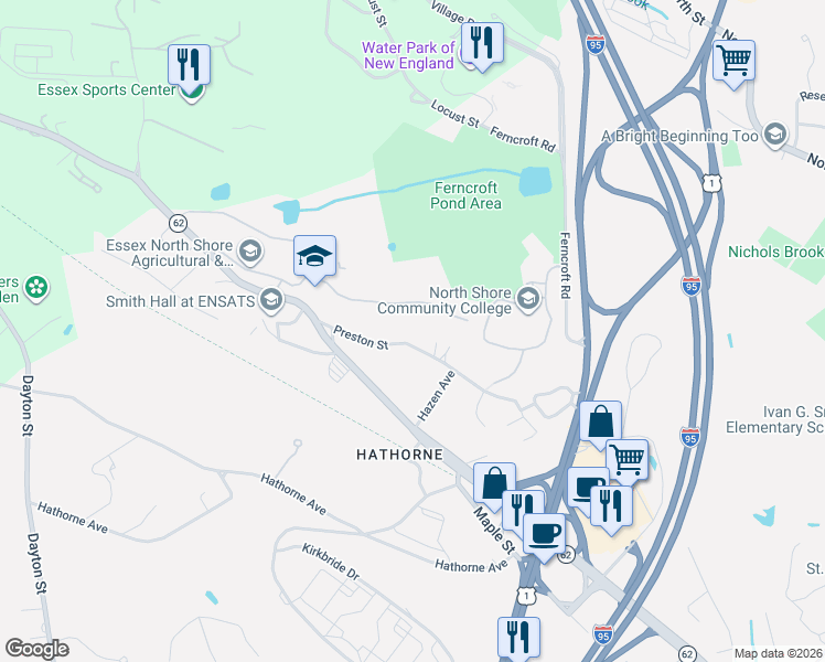 map of restaurants, bars, coffee shops, grocery stores, and more near 30 Preston Street in Danvers