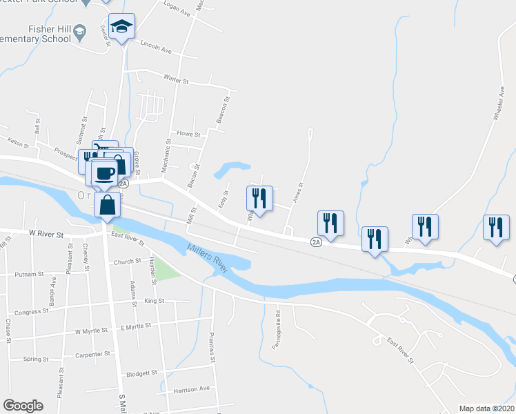map of restaurants, bars, coffee shops, grocery stores, and more near 30 Whitney Street in Orange