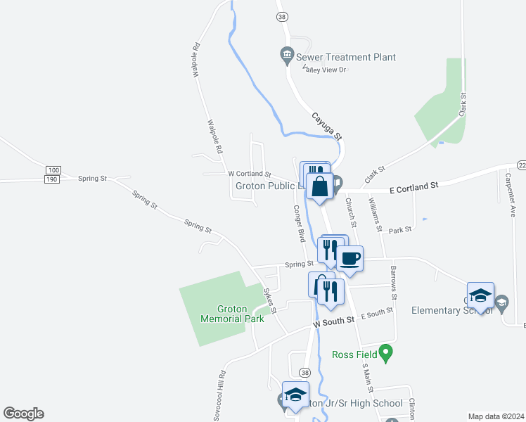 map of restaurants, bars, coffee shops, grocery stores, and more near 115 South Parkway Street in Groton