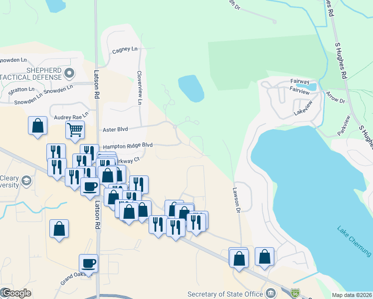 map of restaurants, bars, coffee shops, grocery stores, and more near 4412 Aster Boulevard in Howell