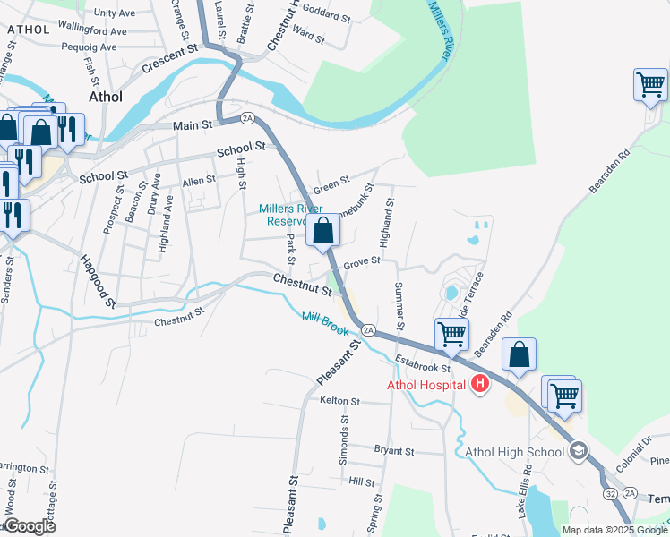 map of restaurants, bars, coffee shops, grocery stores, and more near 1498 Main Street in Athol