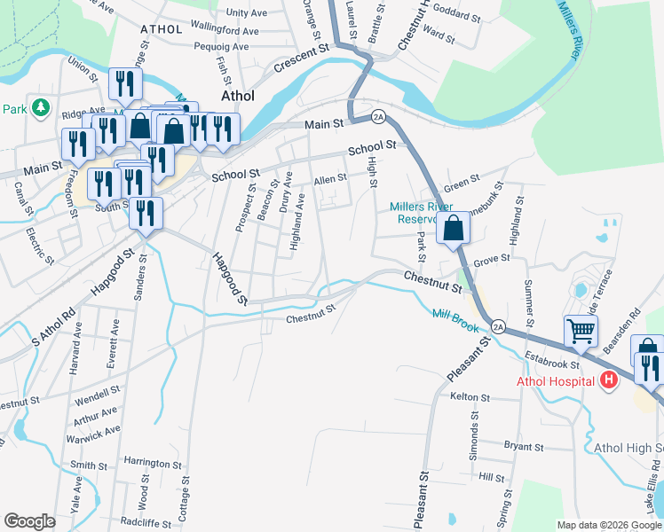 map of restaurants, bars, coffee shops, grocery stores, and more near 350 Riverbend Street in Athol