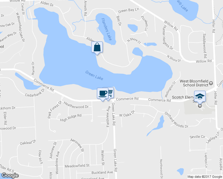 map of restaurants, bars, coffee shops, grocery stores, and more near 6510 Commerce Road in West Bloomfield Township