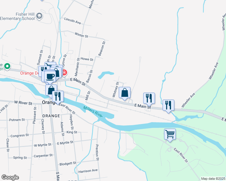 map of restaurants, bars, coffee shops, grocery stores, and more near 30 Whitney Street in Orange