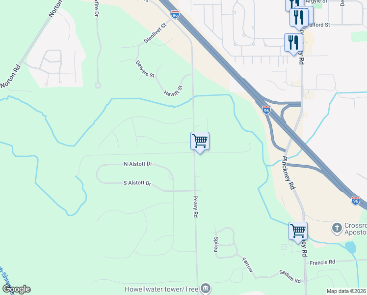 map of restaurants, bars, coffee shops, grocery stores, and more near 1138 Peavy Road in Howell