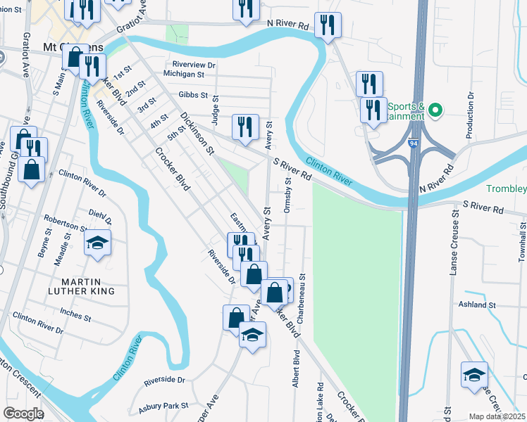 map of restaurants, bars, coffee shops, grocery stores, and more near 143 Avery Street in Clinton Township