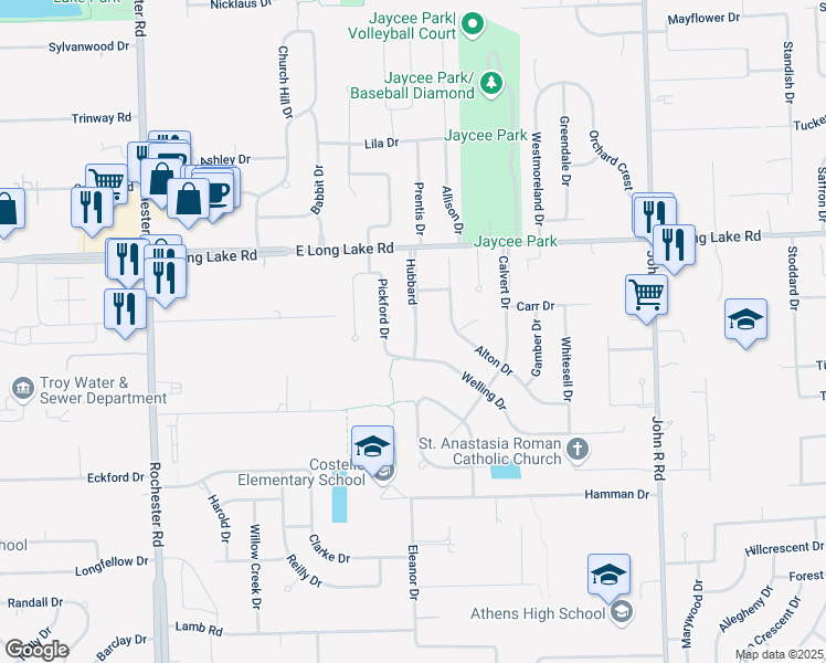 map of restaurants, bars, coffee shops, grocery stores, and more near 4816 Pickford Drive in Troy