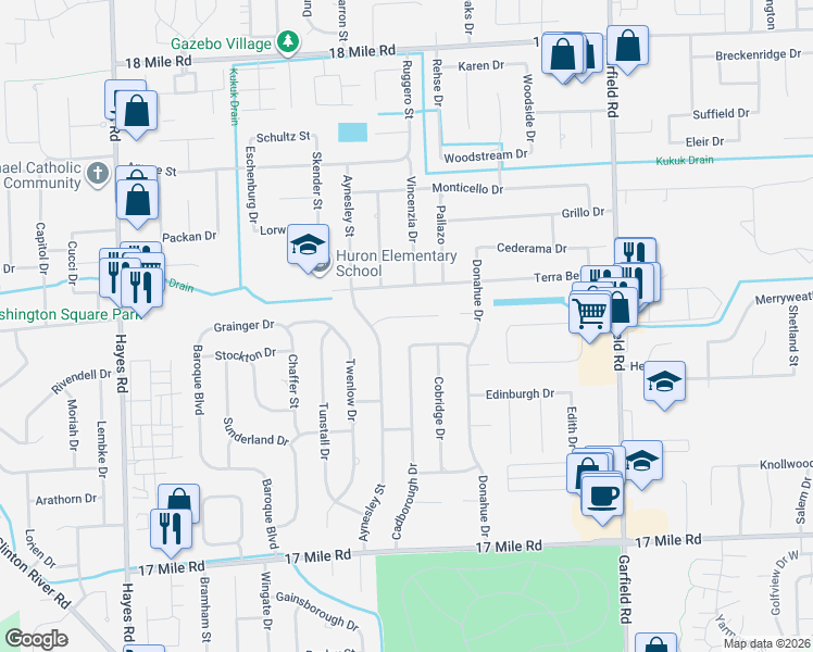 map of restaurants, bars, coffee shops, grocery stores, and more near 39679 Cadborough Drive in Clinton Township