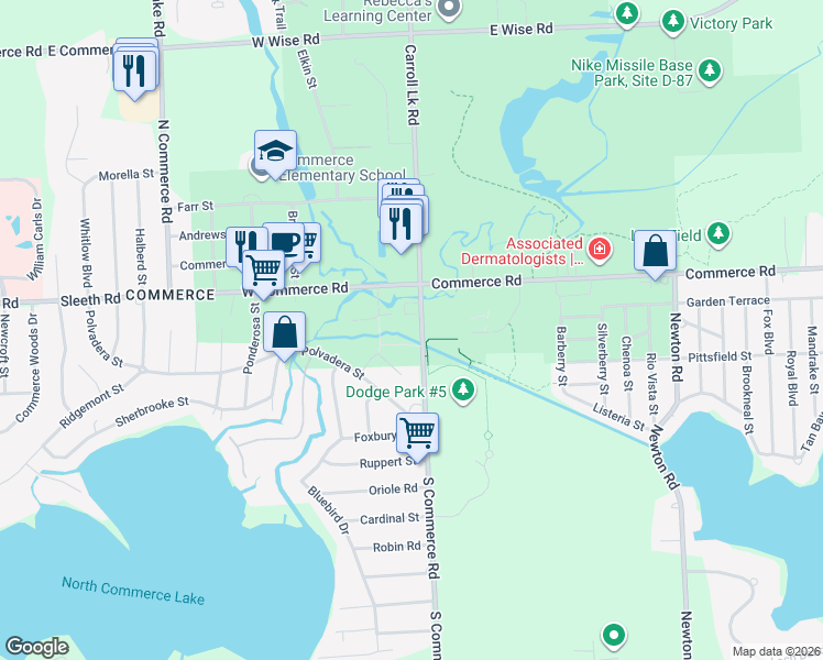 map of restaurants, bars, coffee shops, grocery stores, and more near 4553 South Commerce Road in Commerce Charter Township