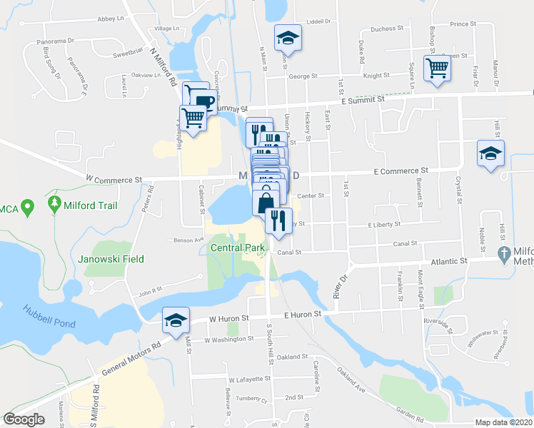 map of restaurants, bars, coffee shops, grocery stores, and more near 327 North Main Street in Milford Charter Township
