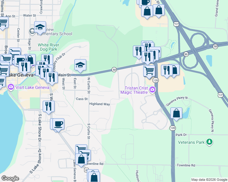 map of restaurants, bars, coffee shops, grocery stores, and more near 129 South Curtis Street in Lake Geneva