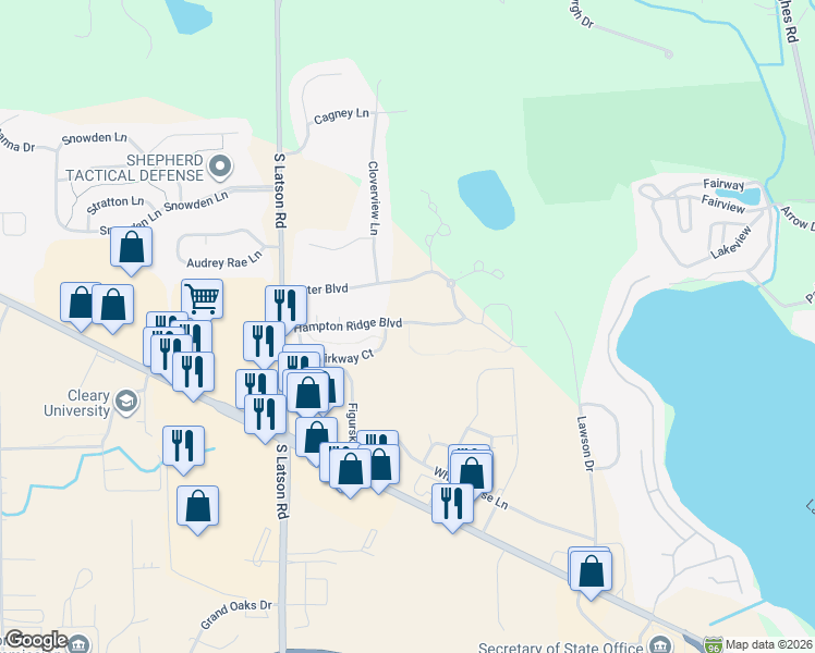 map of restaurants, bars, coffee shops, grocery stores, and more near 4217 Hampton Ridge Boulevard in Howell