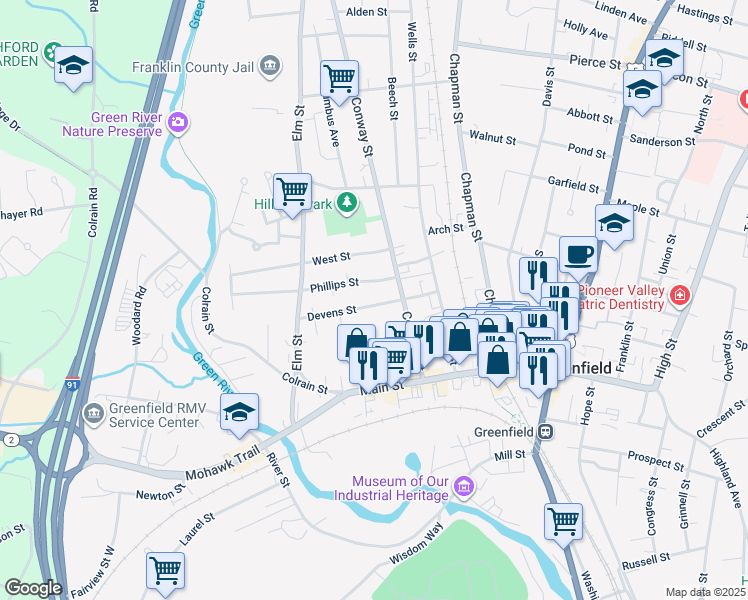map of restaurants, bars, coffee shops, grocery stores, and more near 37 Devens Street in Greenfield