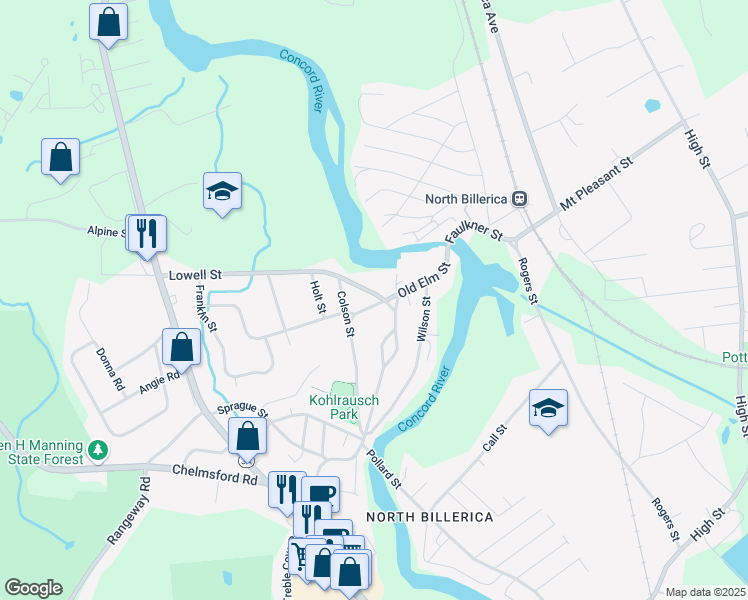 map of restaurants, bars, coffee shops, grocery stores, and more near 38 Old Elm Street in Billerica