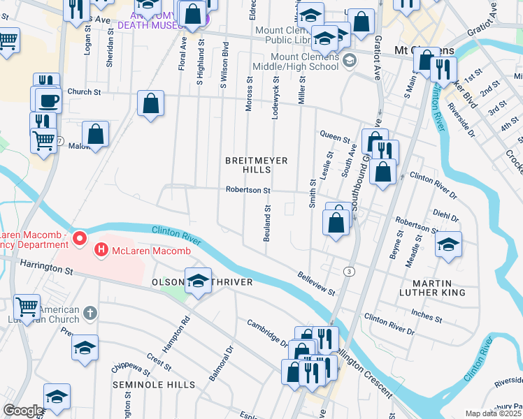 map of restaurants, bars, coffee shops, grocery stores, and more near 199 Moross Street in Mount Clemens
