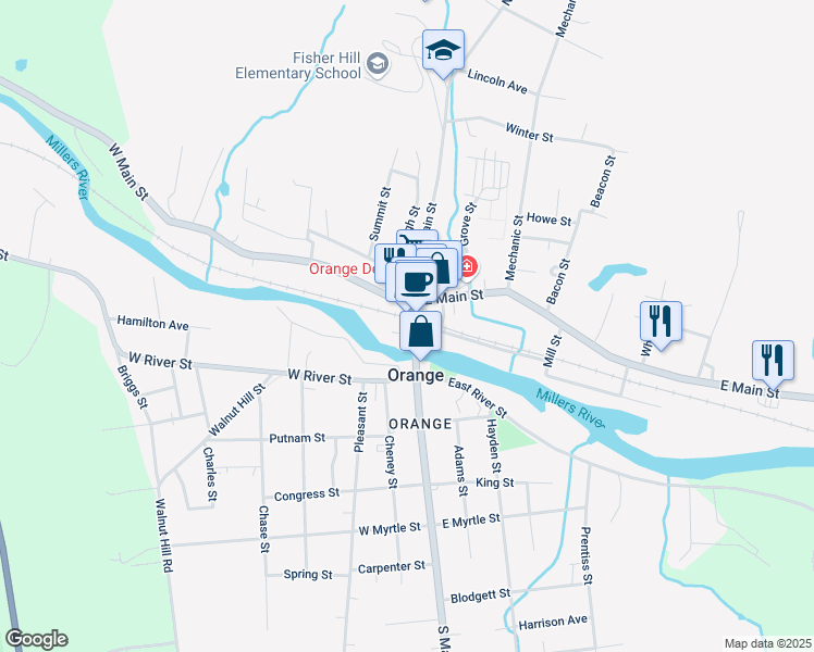map of restaurants, bars, coffee shops, grocery stores, and more near 18 Chase Court in Orange