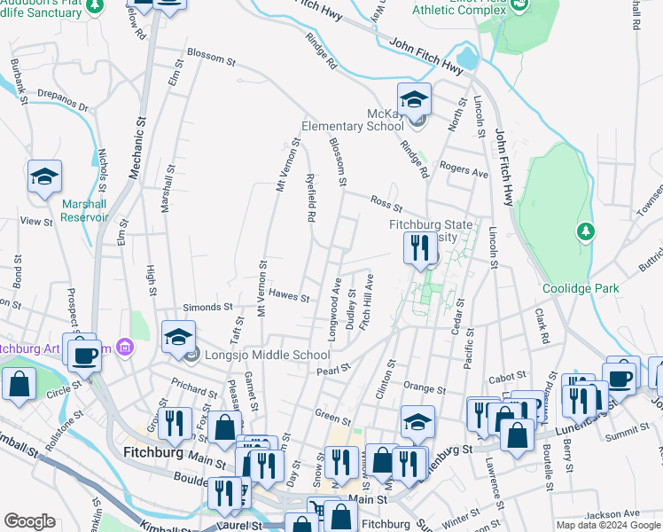 map of restaurants, bars, coffee shops, grocery stores, and more near 303 Blossom Street in Fitchburg