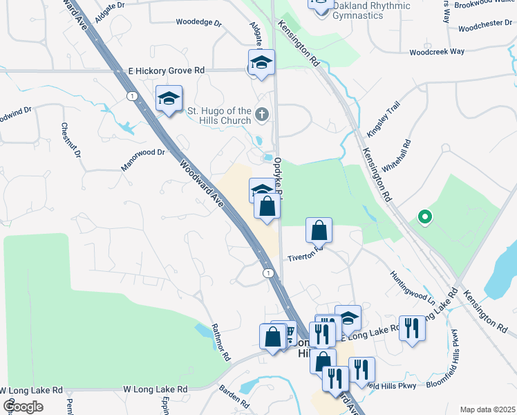 map of restaurants, bars, coffee shops, grocery stores, and more near 41000 Woodward Avenue in Bloomfield Hills