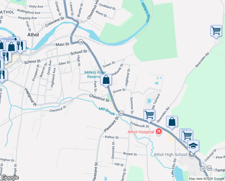 map of restaurants, bars, coffee shops, grocery stores, and more near 14 Grove Street in Athol