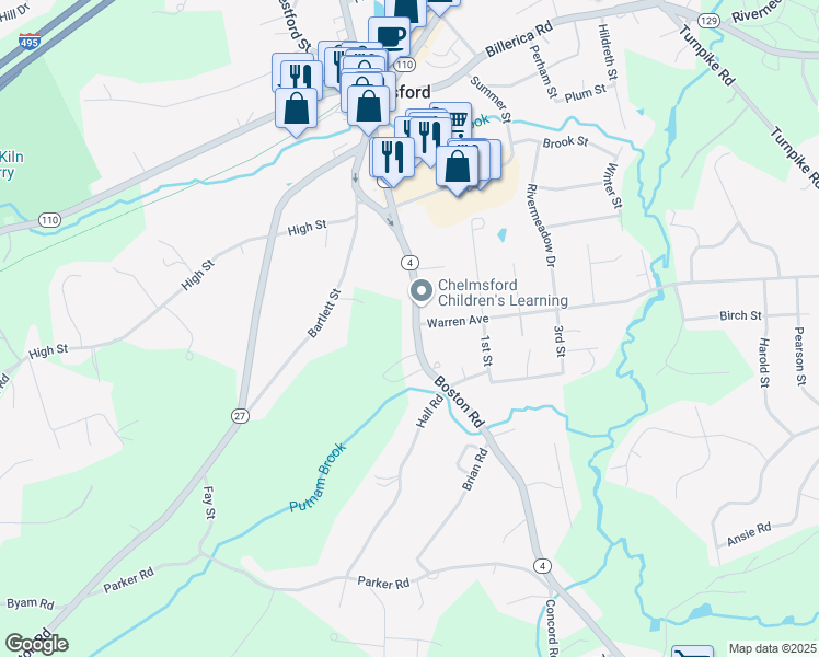 map of restaurants, bars, coffee shops, grocery stores, and more near 77 Boston Road in Chelmsford
