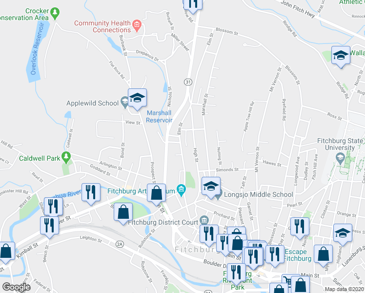 map of restaurants, bars, coffee shops, grocery stores, and more near 294 Elm Street in Fitchburg