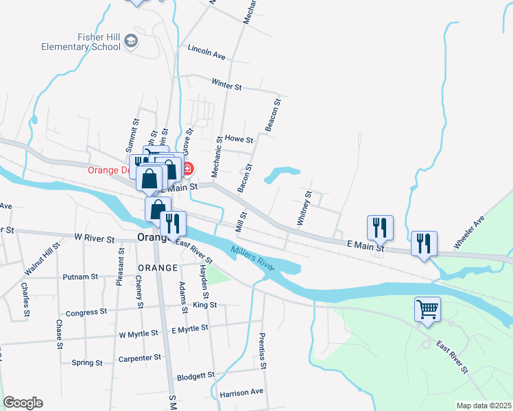 map of restaurants, bars, coffee shops, grocery stores, and more near 156 East Main Street in Orange