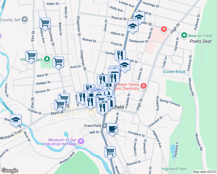 map of restaurants, bars, coffee shops, grocery stores, and more near 54-58 Federal Street in Greenfield