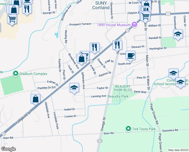 map of restaurants, bars, coffee shops, grocery stores, and more near 27-33 Squires Street in Cortland