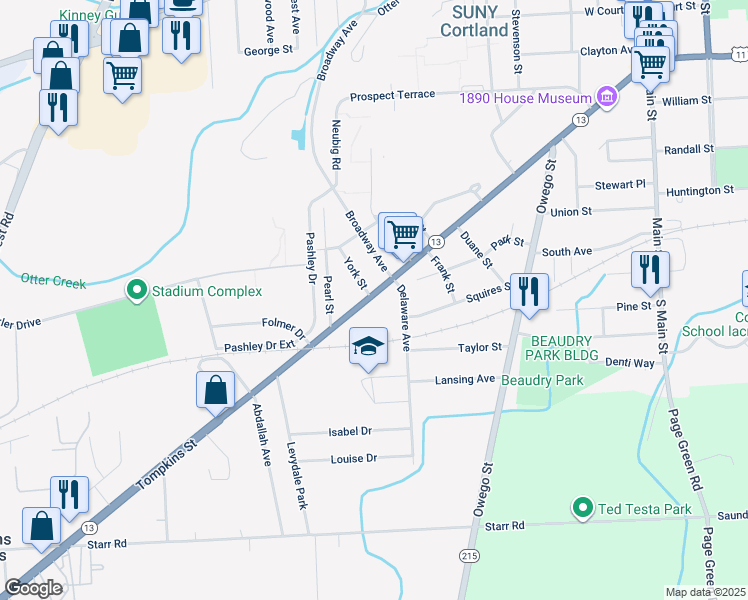 map of restaurants, bars, coffee shops, grocery stores, and more near 187 Tompkins Street in Cortland