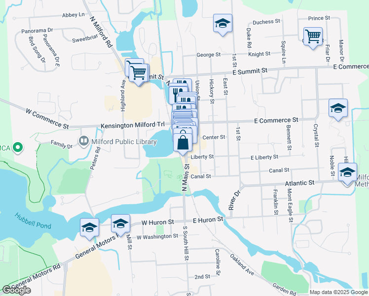 map of restaurants, bars, coffee shops, grocery stores, and more near 335 North Main Street in Milford