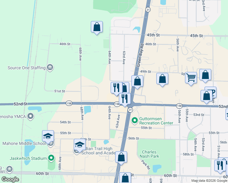 map of restaurants, bars, coffee shops, grocery stores, and more near 5048 Green Bay Road in Kenosha