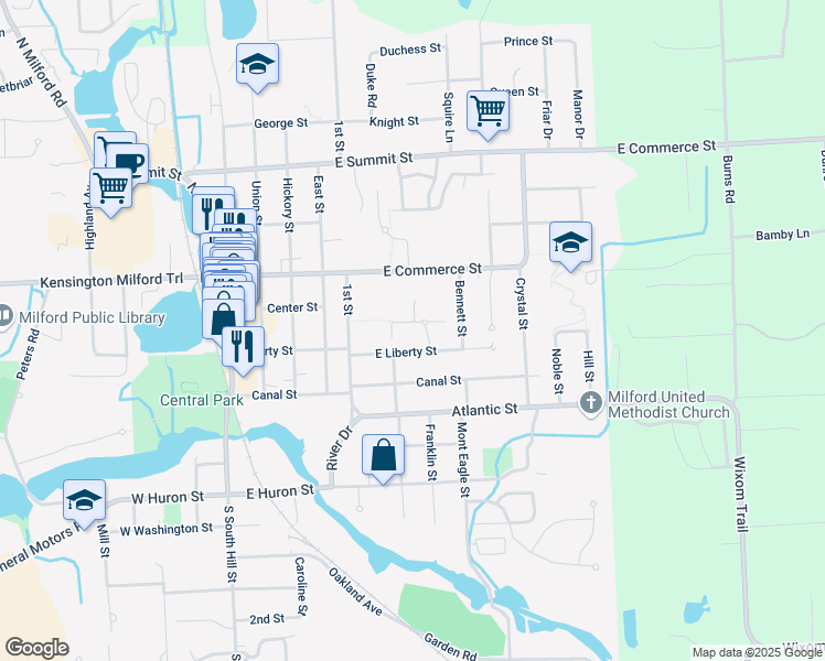 map of restaurants, bars, coffee shops, grocery stores, and more near 715 East Liberty Street in Milford Charter Township