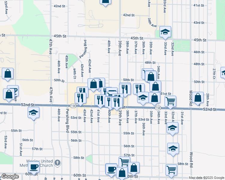map of restaurants, bars, coffee shops, grocery stores, and more near 5130 39th Avenue in Kenosha