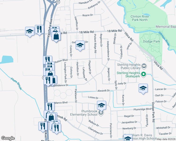map of restaurants, bars, coffee shops, grocery stores, and more near 40381 Flagstaff Drive in Sterling Heights