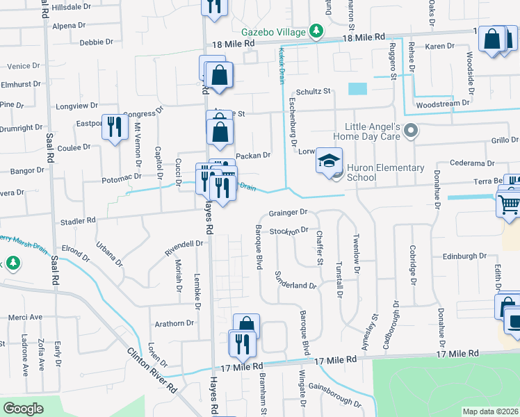 map of restaurants, bars, coffee shops, grocery stores, and more near 15416 Grainger Drive in Clinton Township