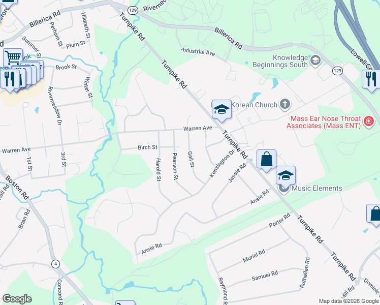 map of restaurants, bars, coffee shops, grocery stores, and more near 16 Gail Street in Chelmsford