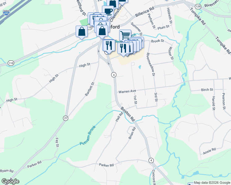 map of restaurants, bars, coffee shops, grocery stores, and more near 75 Boston Road in Chelmsford