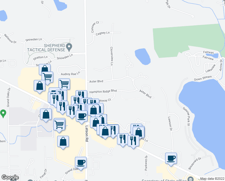 map of restaurants, bars, coffee shops, grocery stores, and more near Hampton Ridge Boulevard in Howell