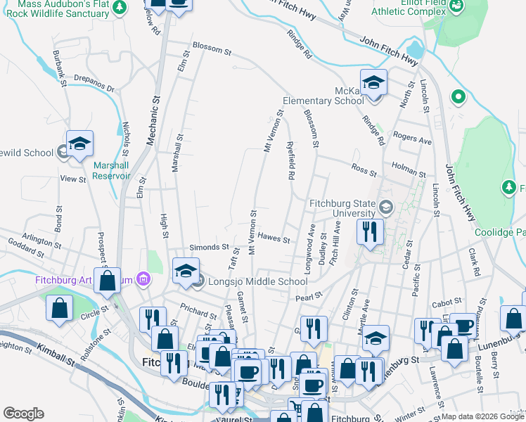 map of restaurants, bars, coffee shops, grocery stores, and more near 33 Hawes Street in Fitchburg