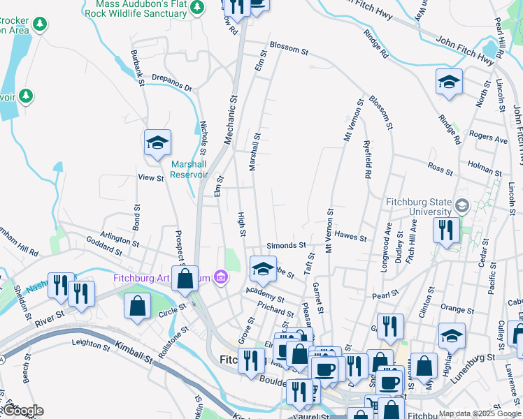 map of restaurants, bars, coffee shops, grocery stores, and more near 18 Nutting Street in Fitchburg