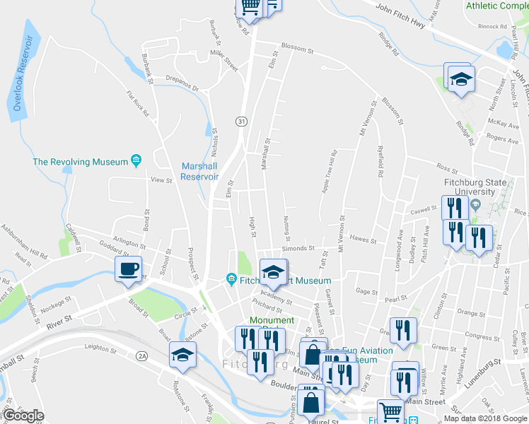 map of restaurants, bars, coffee shops, grocery stores, and more near 115 High Street in Fitchburg