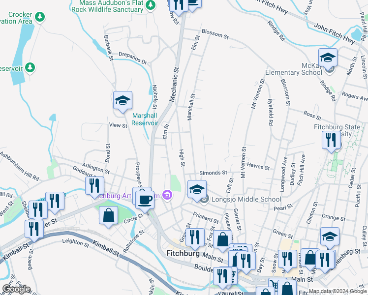 map of restaurants, bars, coffee shops, grocery stores, and more near 115 High Street in Fitchburg