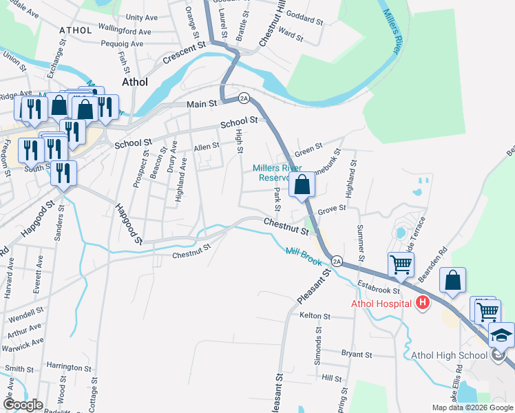 map of restaurants, bars, coffee shops, grocery stores, and more near 28 Tremont Street in Athol